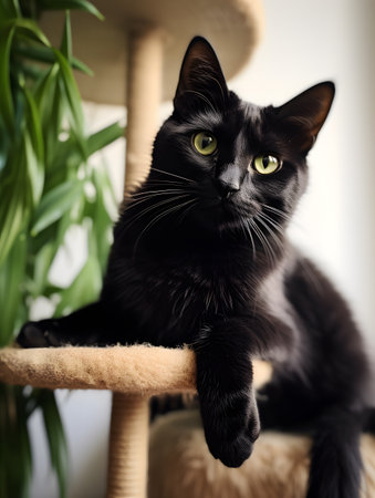 black cat with green eyes sitting on a chair and looking at the cameraの素材