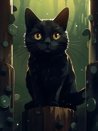 Black cat sitting on a wooden pillar in the forest. Vector illustration.の素材
