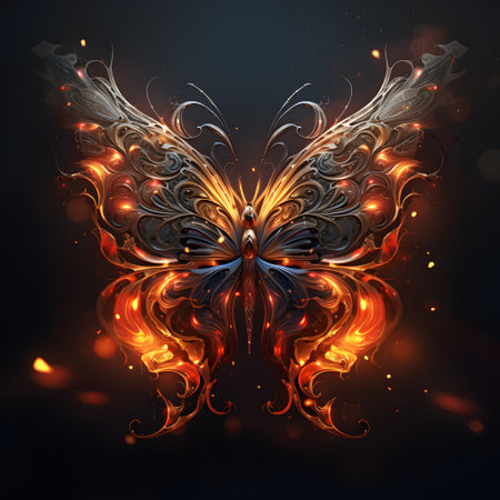 Butterfly with fire flames on dark background. Vector illustration.の素材