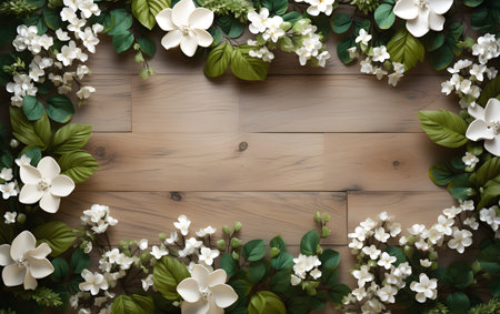 White jasmine flowers and green leaves on wooden background with copy spaceの素材