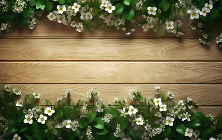 Wooden background with white flowers and green leaves. Top view.の素材