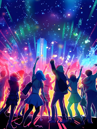 Crowd of young people dancing at a music festival. Vector illustration.の素材