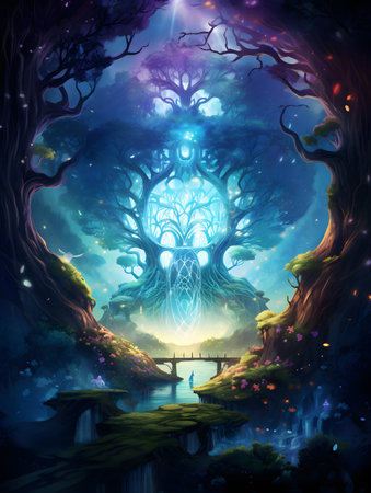 Fantasy landscape with old tree, bridge and fantasy lake. Digital painting.の素材