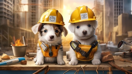 Two puppies in a construction helmet on the background of the city.の素材