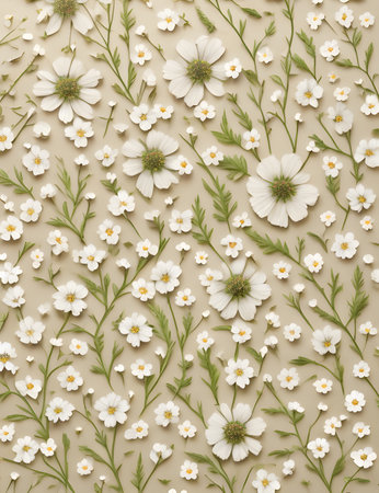 Floral pattern made of white daisies on beige backgroundの素材