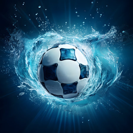 Soccer ball in water with splash. 3d illustration. Blue background.の素材