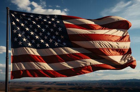 American flag waving in the wind against blue sky. 3d renderingの素材