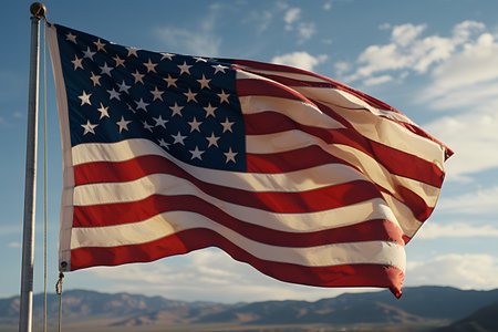 American flag waving in the wind with blue sky and mountains in the backgroundの素材