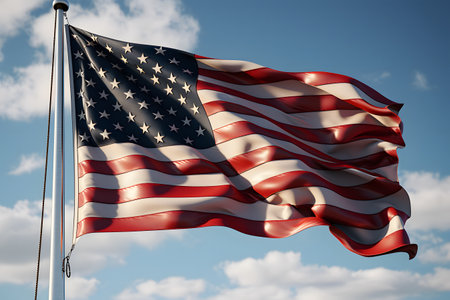 American flag waving in the wind against a blue sky with white cloudsの素材