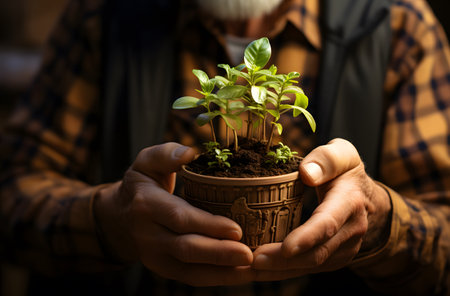 Senior man holding seedling in pot on blurred background, closeupの素材