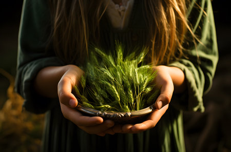 Little girl in a green dress holding a bowl of green wheat.の素材