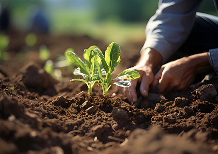 Farmer planting seedlings on fertile soil in vegetable garden, closeupの素材