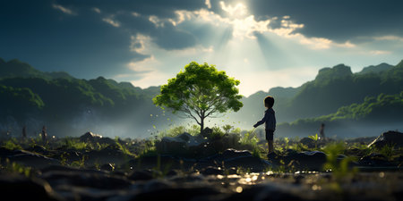 Silhouette of a boy standing on the ground and looking at the treeの素材