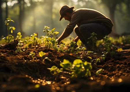 Farmer planting seedlings in the garden at sunset. nature backgroundの素材