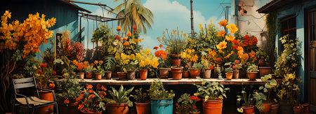 Colorful flowers in pots on the terrace of an old houseの素材