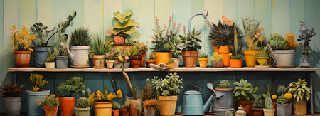 Gardening tools and plants in pots on a wooden shelf.の素材