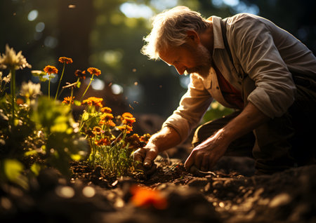 Senior man planting flowers in the garden at sunset. Gardening concept.の素材