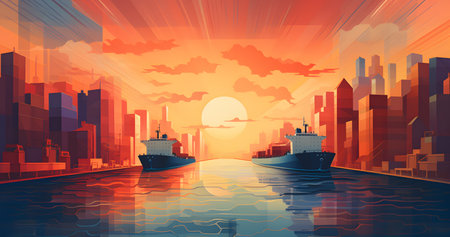 Cargo ship on the river at sunset background. Vector illustration.の素材