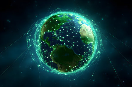 Global network connection over the planet earth, 3d render, computer graphicの素材