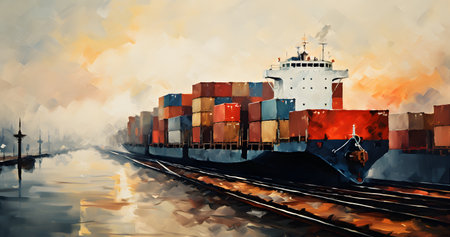 Container Cargo freight ship with working crane bridge at sea for Logistic Import Export backgroundの素材