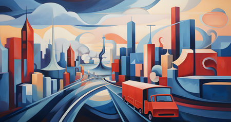 Vector illustration of a modern city with a truck on the road.の素材