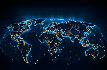 World map glowing on dark background. Globalization concept. 3D Renderingの素材