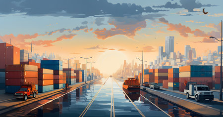 Cargo ship with containers on the road at sunset. Vector illustration.の素材