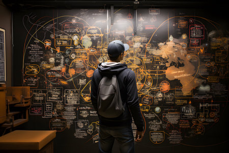 Back view of a man with a backpack looking at the world mapの素材
