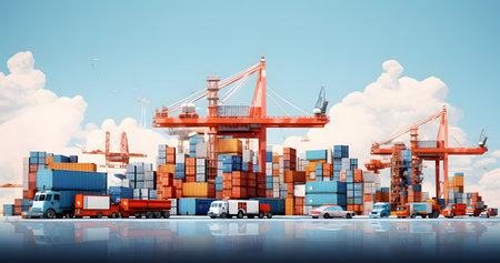 Containers and trucks in the harbor. Delivery concept. 3d renderingの素材