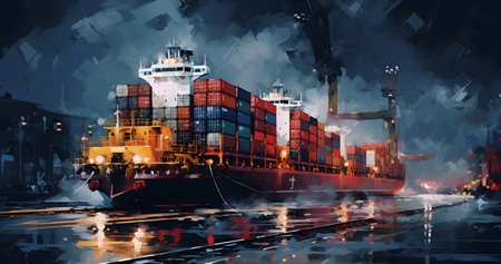 Container Cargo freight ship with working crane bridge for Logistic Import Export backgroundの素材
