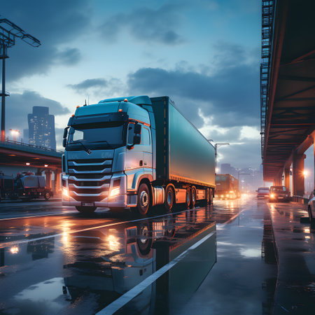 Truck on the road at night. Transportation and logistics concept.の素材