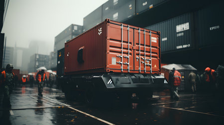 Cargo containers on the road in the mist. Freight transportation concept.の素材