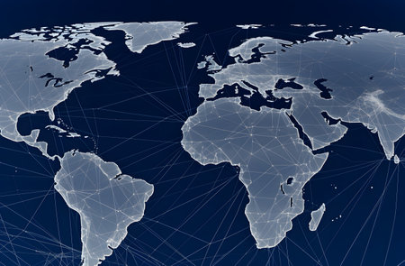 World map with glowing lines and dots on dark blue background. 3D renderingの素材