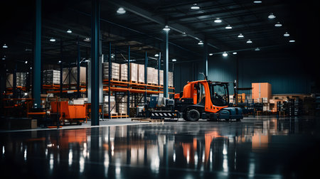 Forklift in warehouse at night. Cargo freight transportation and distribution warehouse.の素材