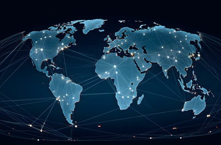 World map with glowing lines and dots, concept of globalization. 3D renderingの素材