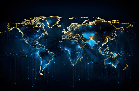 World map glowing on dark background. Global business concept. 3D Renderingの素材