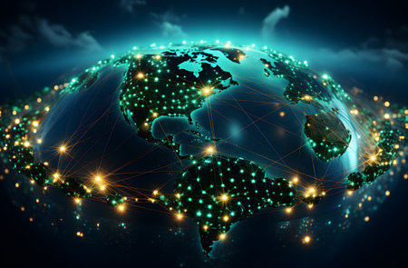 World map glowing on a dark background. Internet Concept of global business. 3d illustrationの素材