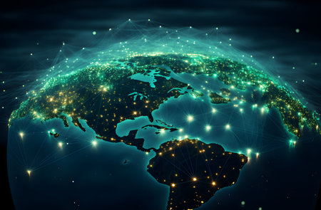 World map glowing on dark background. Global networking concept. 3D Renderingの素材