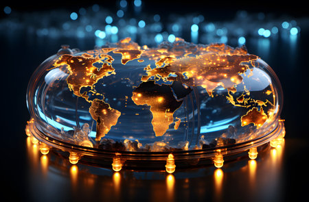Glowing planet earth in futuristic space. 3d rendering toned imageの素材