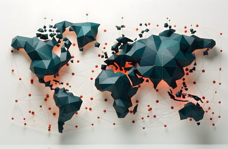 Polygonal world map with connected lines and dots on white backgroundの素材