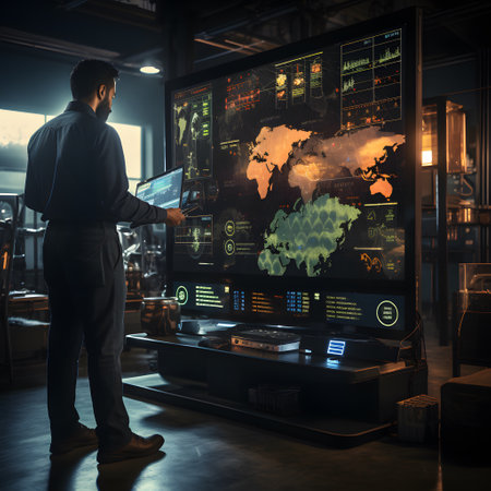 Back view of a young African-American businessman looking at the screen of a large modern computer monitor with a world map.の素材
