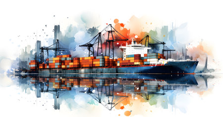 Container Cargo freight ship with working crane bridge in shipyard for Logistic Import Export background.の素材