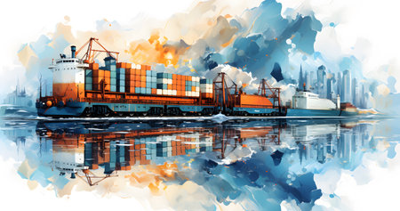 Container Cargo freight ship with working crane bridge and reflection in sea watercolor illustration painting background.の素材