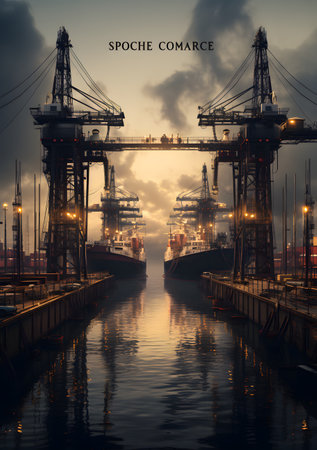 Double exposure of seaport with cargo cranes and ship.の素材