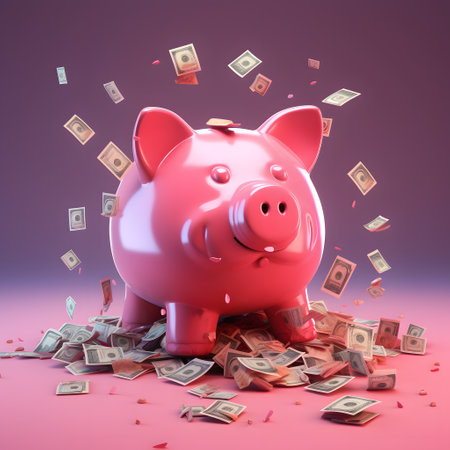 Piggy bank and falling dollar money. 3D illustration.の素材