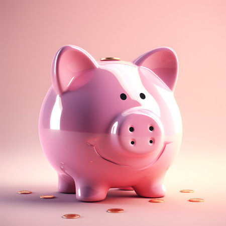 Pink piggy bank with coins on a pink background. 3d renderingの素材