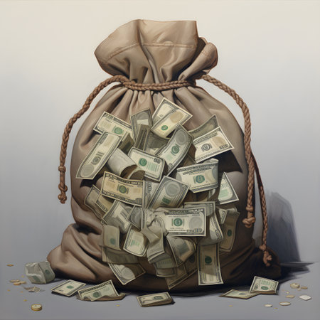 Money bag full of dollars on a gray background. 3d renderingの素材