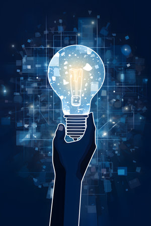 Illustration of human hand holding a glowing lightbulb on blue backgroundの素材