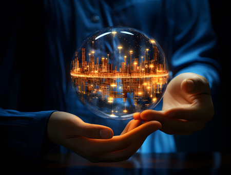 Close up image of human hands holding glass globe with city hologramの素材