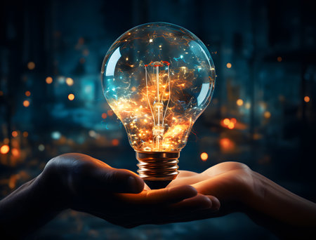 Close up of human hands holding glass lightbulb with circuit effectの素材